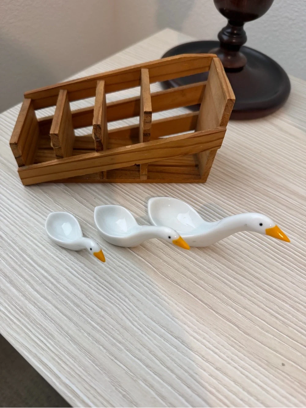 White and Yellow Ceramic Geese Family TSP in Wooden Crate